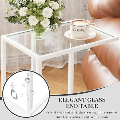 Easy Paws Small C Shaped Table for Sofa,Glass Couch Sofa Tray Snack Table for Living Room, Bedroom,TV Tray Table for Small Space,Accent Coffee Table,Nightstand with Metal Frame(White) - color: White