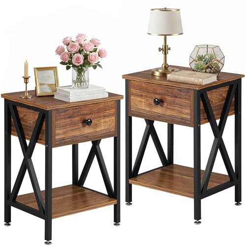 VECELO Nightstands Set of 2, Modern Bedside End Tables, Night Stands with Drawer and Storage Shelf for Living Room Bedroom, Industrial Metal Frame - color: Brown, size: Set of 2 - 15.8"W x 11.8"D x 21.7"H