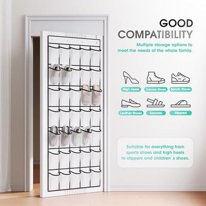 WVM Over the Door Shoe Organizer with 35 Breathable Mesh Pockets, Hanging Shoe Organizer for Door with 4 Metal Hooks, Large Capacity Closet Storage for Shoes, Accessories, White - style: White
