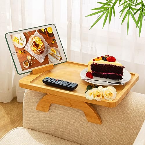 SINWANT Couch Arm Tray Table, Large Space 15.75"x 11.8" Bamboo Couch Armrest Table with 360° Rotating Phone Holder,Foldable Sofa Armrest Tray for Eating Snacks Drinks Remote Books - color: Large Natural