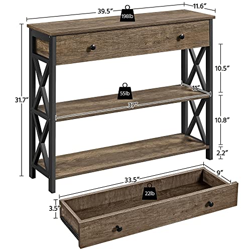 Topeakmart Industrial Console Table Sofa Table with Storage for Entryway, 3 Tier Console Table with Drawer Sturdy Hallway Table for Living Room, X Design, Taupe Wood - color: Taupe Wood, style: without Power Outlet