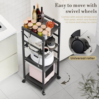 4-Tier Kitchen Cart with Locking Wheels, Height Adjustable Storage Shelf, 10kg Per Layer Load Capacity, Carbon Steel Rolling Utility Rack for Pantry, Bathroom, Office Black Triple Layer