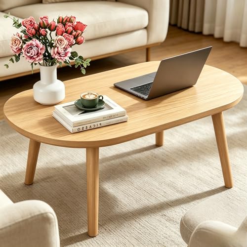 FAMIDGE Coffee Table, 31.5" Low Coffee Tables with Solid Wood Legs, Floor Table Desk for Sitting on The Floor, Easy Assembly Small Space Coffee Tables for Living Room, Apartment, Office (Large Brown) - color: 31.5"l Oval Natural