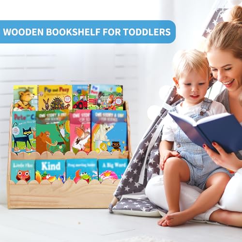 Kids Bookshelf-3-Tier Wooden Book Shelf for Kids Rooms 23.62*16.54*10.63'' | Nursery&Toddlers Montessori Bookcase with Deep Storage Pockets, Baby Book Storage,Children's Bookshelf for Nursery&Bedroom - size: Large