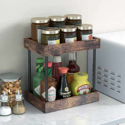 mahueeol 2-Tier Bathroom Counter Organizer with Wooden Trays | Two wooden trays organize cosmetics, skincare and toiletries on bathroom counters, vanities, kitchens and coffee stations - style: Retro