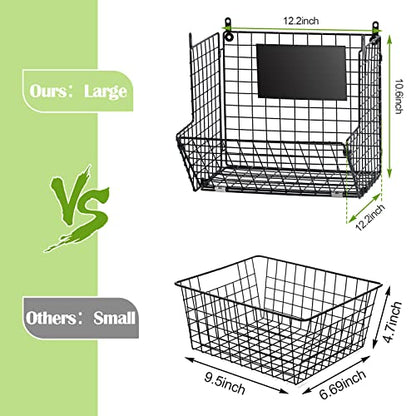 X-cosrack Metal Wire Basket Wall Mount, 3 Tier Wall Storage Basket Organizer with Hanging Hooks Chalkboards, Rustic Kitchen Fruit Produce Bin Rack Bathroom Tower Baskets (Black) - color: Black-3 Tiers