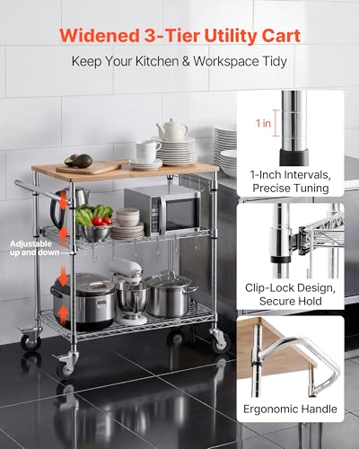 VEVOR Kitchen Utility Cart, 3 Tier Heavy Duty Adjustable Wire Storage Rack with Wood Tabletop and Handle Bar, Rolling Portable Service Trolley on Wheels, 661 lbs Steel Work Table, 30x18x36 in - size: 18"D x 30"W x 36"H Table top