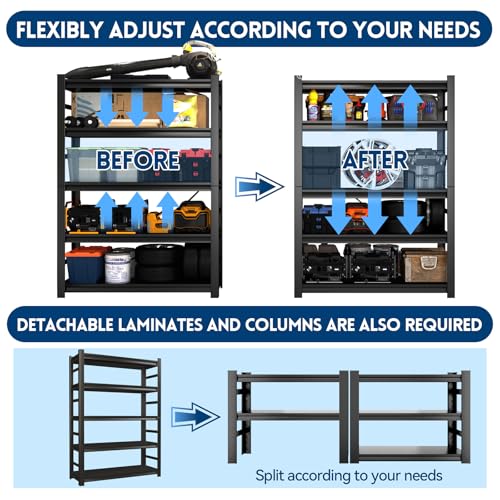 20" D Metal Garage Shelving Heavy Duty, 45" W Steel Storage Shelving, 5 Tier Adjustable Standing Shelf Units for Basement, Industrial, Shop, Pantry, Warehouse, Kitchen, Black - size: 5 Tier 45.3" W x 19.7" D x 63" H