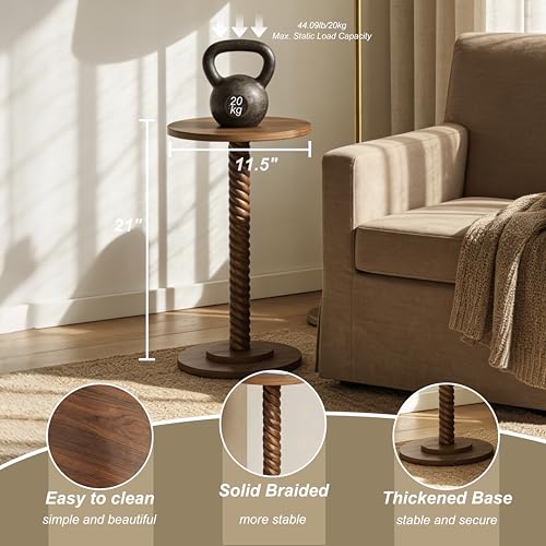 Small Drink Table, Round Pedestal Side Table, Martini Table for Small Spaces, Wooden End Table with Spiral Leg, Plant Stand Accent Table for Living Room, Bedroom, Bathroom, Easy Assembly, Brown - color: Brown