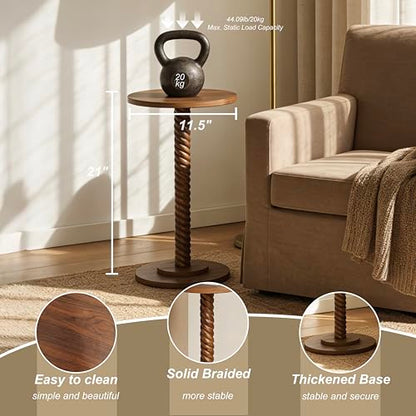 Small Drink Table, Round Pedestal Side Table, Martini Table for Small Spaces, Wooden End Table with Spiral Leg, Plant Stand Accent Table for Living Room, Bedroom, Bathroom, Easy Assembly, Brown - color: Brown