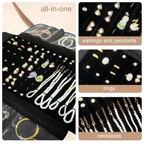Velvet Travel Jewelry Case Roll Bag Organizer for Necklace Bracelet Earrings Ring - color: Black