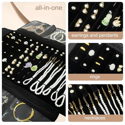 Velvet Travel Jewelry Case Roll Bag Organizer for Necklace Bracelet Earrings Ring - color: Black