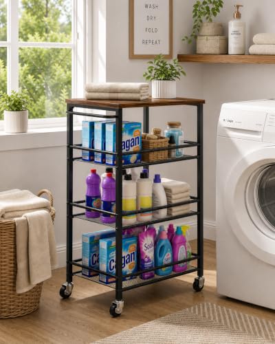 Pipishell Metal 4 Tier Laundry Storage Cart with Wheels, Handle & Wood Top | 10.83" Wide, Larger Storage Spaces, Rust-Resistant Steel, Ventilated Mesh, Anti-Fall Crossbars, 44 lbs Weight Capacity - size: 10.8 in