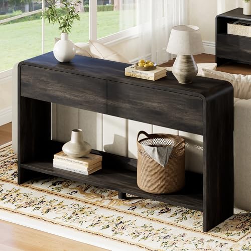 AMERLIFE 55" Modern Entryway Console Table with 2 Storage Drawers | Open Bottom Shelf, Wood Grain Finish, Rounded Edges, Long Sofa Table, Behind Couch, Hallway, Foyer, Living Room, Black - color: Black - Flat Panel, size: 55"