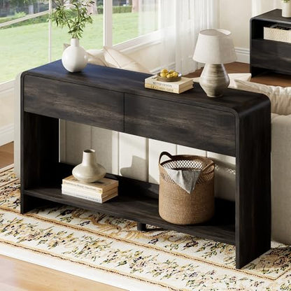 AMERLIFE 55" Modern Entryway Console Table with 2 Storage Drawers | Open Bottom Shelf, Wood Grain Finish, Rounded Edges, Long Sofa Table, Behind Couch, Hallway, Foyer, Living Room, Black - color: Black - Flat Panel, size: 55"