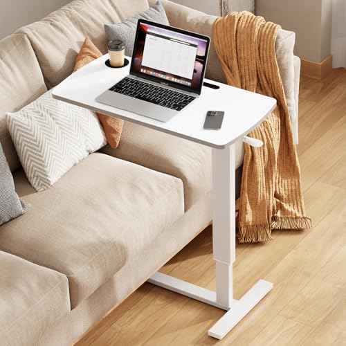 Foldable Overbed Table with Wheels, Pneumatic Adjustable Desk | 31.5 X 17.7 In Desktop with Cup Holders and Tablet Slot, Hidden Casters, 88 Lbs Capacity, Installs on Either Side of Bed - color: White
