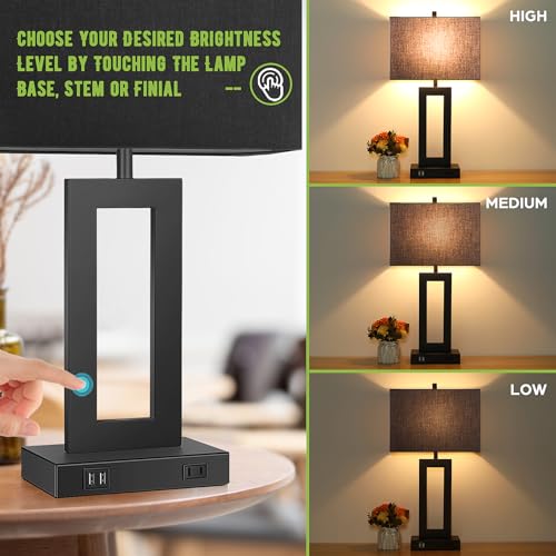Set of 2 Touch Control Table Lamps with 2 USB Ports&AC Outlet, 3-Way Dimmable Modern Nightstand Lamp Sets, Bedside Black Lamps for Bedroom Living Room End Tables Reading, Bulbs Included, Black Shade | 3 Way Dimmable, Touch Control, Black Fabric Shade, Des
