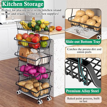 OKZEST 5 Tier Fruit Basket for Kitchen, Stackable Bins Wire Rack with Wheels, Fruit and Vegetable Storage Basket Pantry Food Snack Organizer Shelf, Kitchen Storage Cart for Onion and Potato, Produce | Kitchen pantry organizer rack with dirt catch tray, Ro