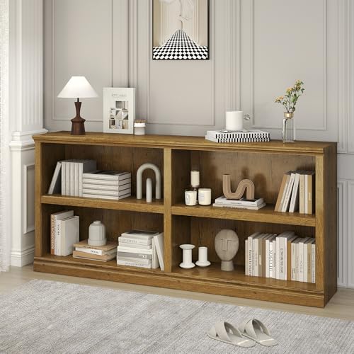 64" W Double Wide Open Shelf Bookcase, 2 Tiers 4 Storage Cube Book Case | Horizontal Bookshelf, Display Cabinet Organizer Indoor Furniture, Home Library Office, Vintage Oak Adjustable Shelf - color: Vintage Oak, size: Double 2-Tier Bookcase