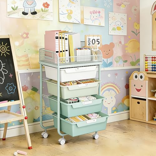 SYKIARIOL 4-Drawer Rolling Storage Cart with Mesh Top, Utility Craft Organizer Cart on Wheels with DIY Labels, Rolling Drawer Cart for Home Office Classroom Bedroom, Green - color: Green