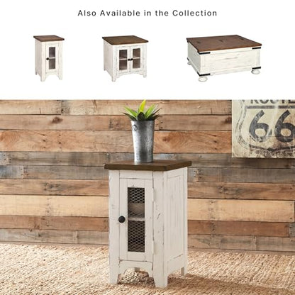 Signature Design by Ashley Wystfield Farmhouse Chair Side End Table with Cabinet Door for Storage, White & Brown with Distressed Finish - color: Dark Brown & White