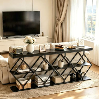Garvee 3 Tier Console Table,39" Industrial Entryway Table,Open Wood Shelves | Sofa Table,Narrow Wood Accent Tables with Metal Frame for Hallway,Living Room,Behind Couch,Foyer,Entrance,Black - color: Black + Diamond-shaped