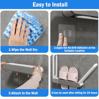 COVRA 3-in-1 Foldable Wall-Mounted Shoe Rack, Adhesive No-Drill Slipper Organizer for Closet, Bathroom, or Living Room Doors (Gray)