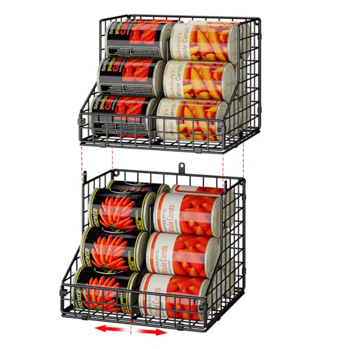 Stackable Can Organizer for Pantry with 2 Adjustable Dividers, Soda Can Organizer, Can Storage Dispenser Holds up to 28 Cans, 2 tier Metal Wire Baskets Can Holder for Kitchen Cabinet Pantry, Black - size: S-(2 pack)