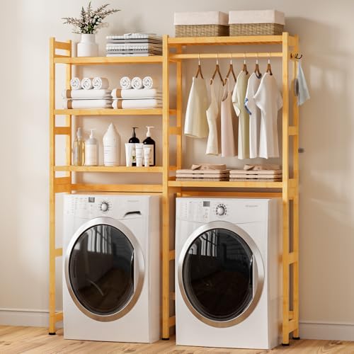 Cozivolife Over The Washer and Dryer Storage Shelf Bamboo,5 Tiers Laundry Room Drying Rack with Adjustable Shelves and 4 Hooks,Space Saver Organizer for Hanging Clothes and Towels (Natural) - color: Natural