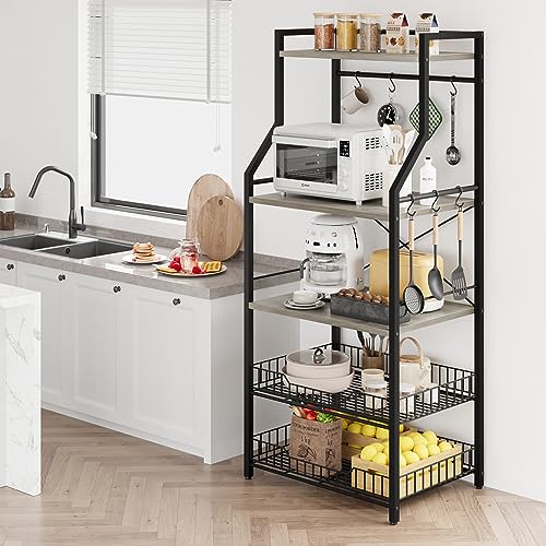 Patikuin 60cm Compact Kitchen Bakers Rack, 4-Tier Double-Frame Microwave Stand with Storage Shelves, Sturdy 20mm Square Tube & PB Board Construction, Black & Gray Freestanding Appliance Organizer