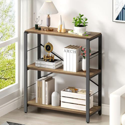 FOLUBAN Small Bookshelf, 3 Tier Open Book Shelf, Rustic Wood and Metal Shelving Unit for Small Space, Oak - color: Oak, size: 3-Tier
