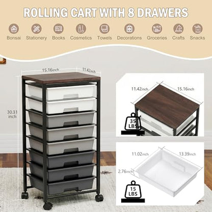 Rolling Cart with 8 Drawers, Storage Drawers Cart with Wooden Tabletop and Lockable Wheels, Craft Storage for Living Room, Office, Classroom, Craft Room, Bedroom (Gray) - color: Gray