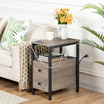 HOOBRO Set of 2 End Tables with Charging Station, Narrow Side Table with Drawers & USB Port & Power Outlets, Nightstand for Small Spaces, Living Room, Stable, Greige and Black BG541BZP201 - color: Greige + Black