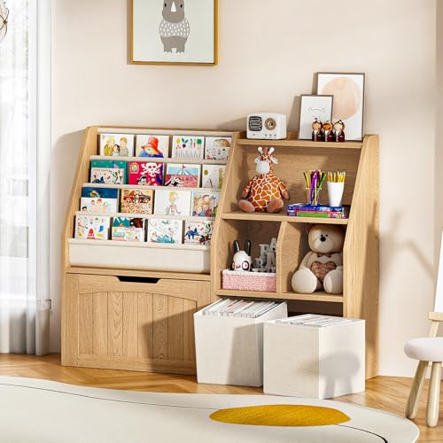 CHOEZON Kids Bookshelf, Children's Bookcase with 4 Sling Book Shelves, Toy Storage Cubby, Fabric Storage Baskets, Wooden Book Shelf for Kids' Room, Playroom, Nursery, Natural and White MCW17NL - color: Natural and White