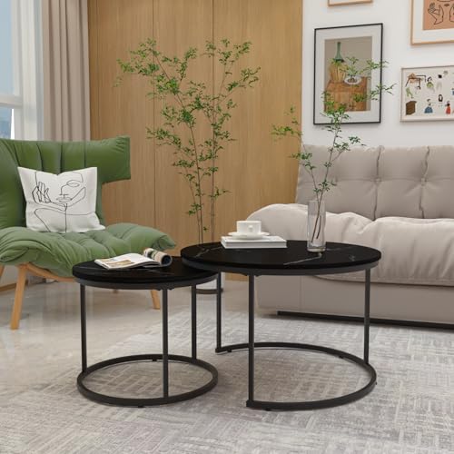 Nesting Coffee Table Set of 2 Round Side Tables, 27.6 Inch Marble Top Coffee Table with Metal Frame for Small Space, Living Room, Bedroom, Balcony & Apartment(Black) - color: Black