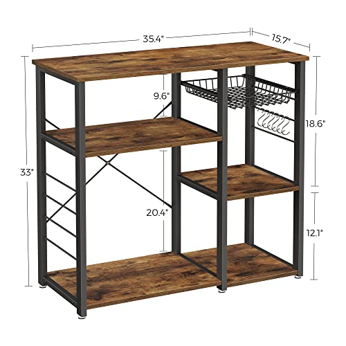 VASAGLE Baker's Rack, Coffee Bar Stand with Charging Station, 33 Inches Tall, Storage Shelves, Pull-Out Wire Basket, Table for Microwave, Kitchen, Rustic Brown and Ink Black UKKS90X - color: Rustic Brown + Ink Black, style: No Power Outlet