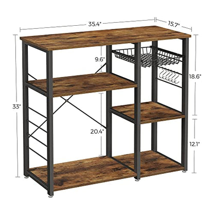 VASAGLE Baker's Rack, Coffee Bar Stand with Charging Station, 33 Inches Tall, Storage Shelves, Pull-Out Wire Basket, Table for Microwave, Kitchen, Rustic Brown and Ink Black UKKS90X - color: Rustic Brown + Ink Black, style: No Power Outlet