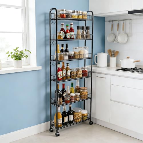 6in 6 Tier Slim Storage Cart with Wheels, Narrow Space Rolling Shelving Unit, Metal Wire Mobile Organizer Rack for Kitchen Bathroom Office Laundry - size: 6in Black Cart
