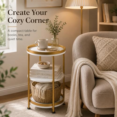 Dulcii Round Side Table with Storage Tray for Living Room, 15" L x 15" W x 24" H Bedroom Nightstand 3 Tiers Bedside Table with Steel Frame for Small Spaces (White & Gold) - color: White + Gold, style: Classic