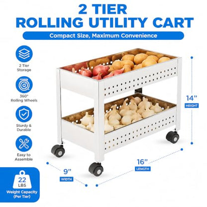 2-Tier Rolling Utility Cart with Wheel, Stainless Steel Storage Trolley Organizer for Kitchen, Office, Portable Multi Purpose Storage Rack Shelf, Movable Organizer Cart, Silver - size: 2 - Tier
