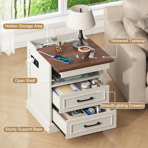 18" Farmhouse Accent Nightstand with Charging Station, Brown | End Table with 3 Drawers Storage, Side Table, Bedside Cabinet for LivingRoom Bedroom Office - color: Brown