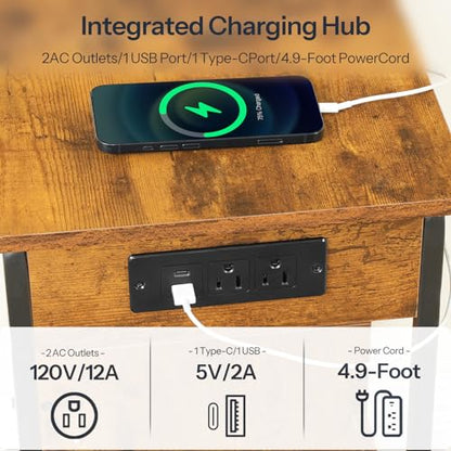 HOOBRO Narrow Nightstand with Charging Station & LED Lights, Narrow Side Table with Fabric Drawer, Open Shelves, Slim End Table for Living Room, Bedroom, Rustic Brown and Black BF430UDBZ01 - color: Rustic Brown + Black