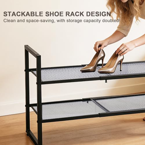Expandable Shoe Rack, 2 Tier Adjustable Metal Shoe Shelf for Closet, Sturdy Free Standing Shoe Storage for Door Entrance, Bedroom, Small Spaces, Black - size: 2-Tier