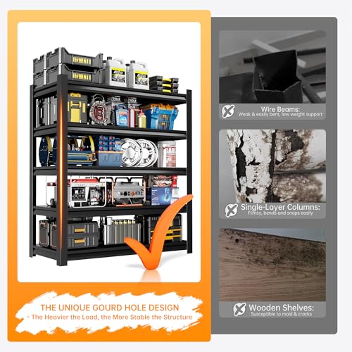 72" H Garage Shelving,5-Tier Heavy Duty Shelving Unit,3000LBS Adjustable Metal Storage Shelves,Storage Rack Units for Industrie,Shed,Warehouse,Basement,Black,47.3" W x 23.6" D x 72" H - size: 23.6"Dx47.3"Wx72"H