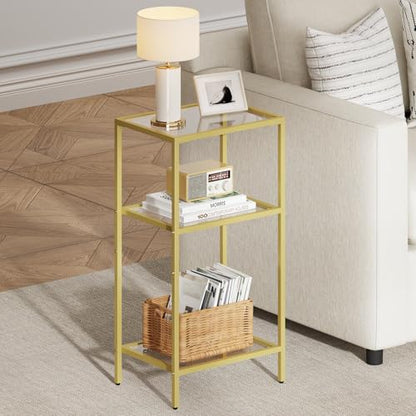 Gold Side Table with Tempered Glass,End Table with Storage Shelve | 3-Tier Small Gold Nightstand, Tall Table Stand for Home Decor, Living Room, Bedroom, Office, Gold - size: 1 Pack