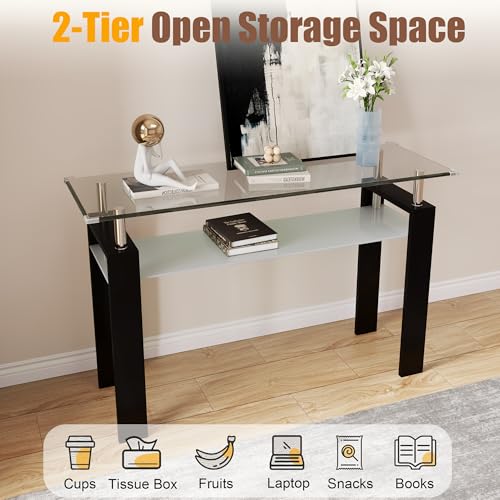 47" 2-Tier Console Table with Tempered Glass Top and MDF Frame, Modern Black Rectangular Glass Entryway Table for Living Room, Apartment, Office, Easy to Assemble - color: Black, size: Console Table