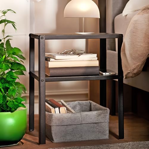 FixtureDisplays Black Metal 2-Tier Nightstand, Side Table, End Table, 14W x 11D x 17" H, Sturdy Riser 50 lbs Capacity