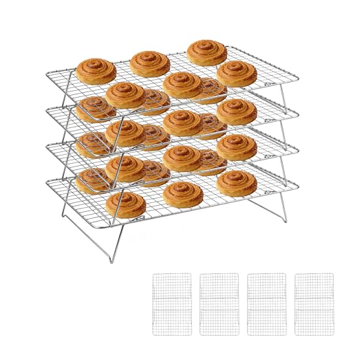 Cooling Rack 16"x10", 4-Tier Stackable & Collapsible Cooling Racks | Cooling Racks for Cooking and Baking, Roasting, Grilling, Oven & Dishwasher Safe (Silver, 4-Tier) - color: Silver, size: 4-Tier