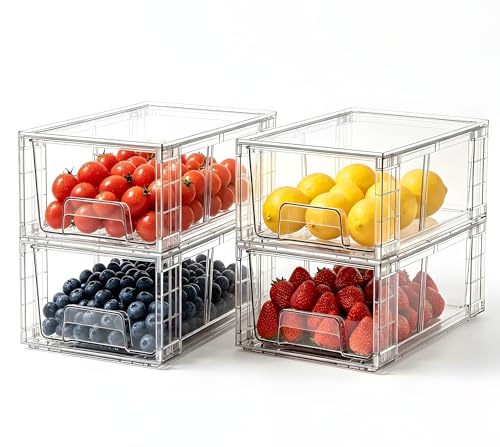 4 Pack Stackable Storage Drawers with Handles, Easy Assembly Clear Acrylic Fridge Organizer, Refrigerator Organizers and Storage for Kitchen, Under Sink, Pantry, Bathroom - size: 4Pack 4.4"H-with Dividers