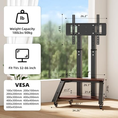 Mobile TV Stand Rolling TV Cart with Wheels for Most 32-86 Inch TV Stand with Double Wooden Shelf, Height Adjustable Heavy-Duty Holds up to 180lbs,Max VESA 600 * 450mm - style: Style 2